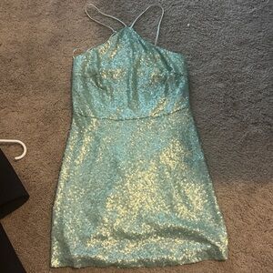 Elegant Sequin Halter Dress in Light Blue/ Green